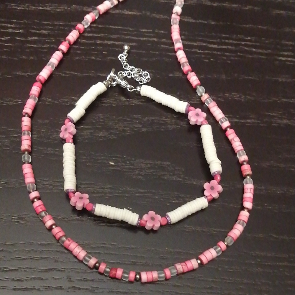 Heishi Shell Silver Necklace 16.5" Long And Pink Flowers Heishi Anklet Bundle